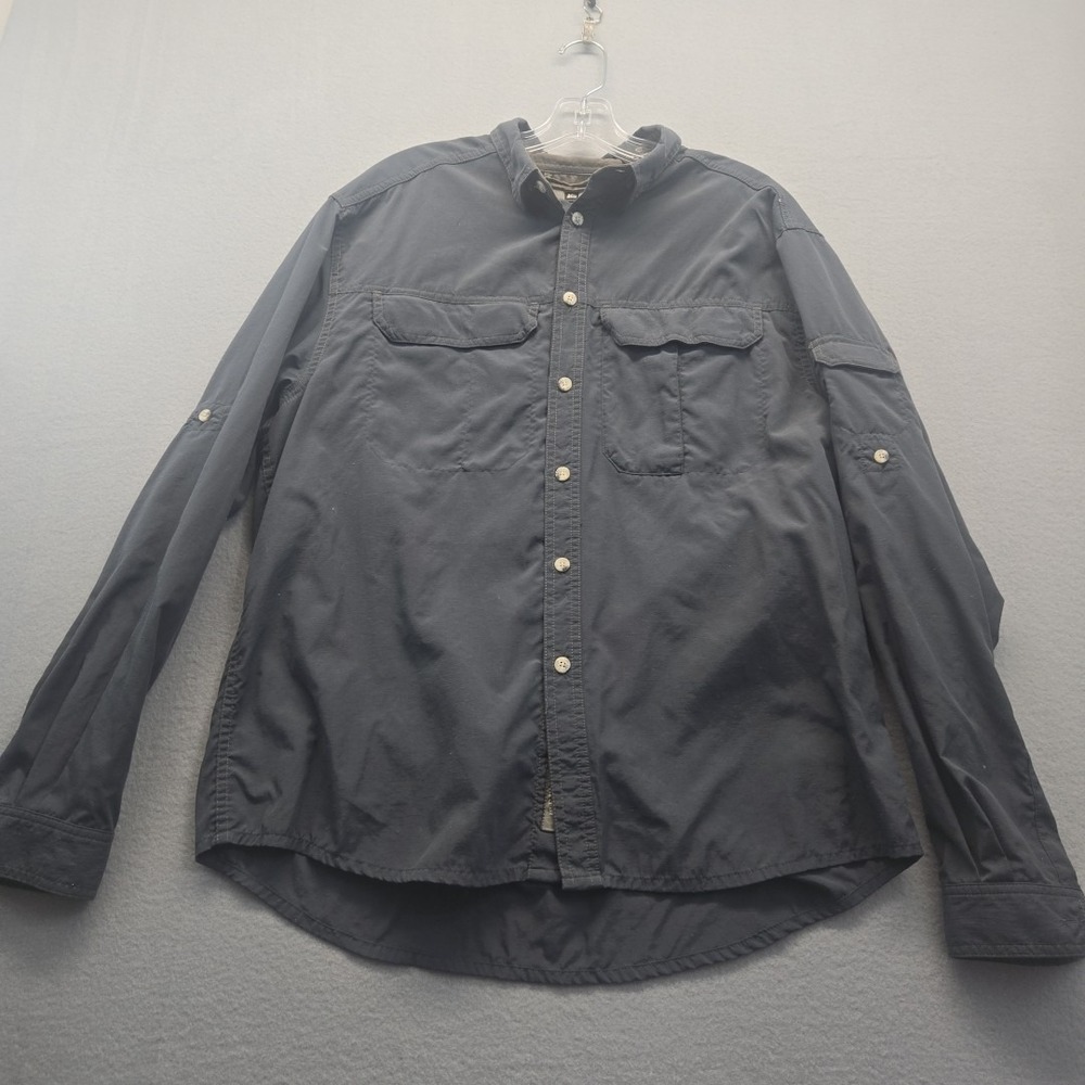 REI Button Up Gray Tan UPF 50+ Button Up Outdoor Long Sleeve Size Medium Vented‎